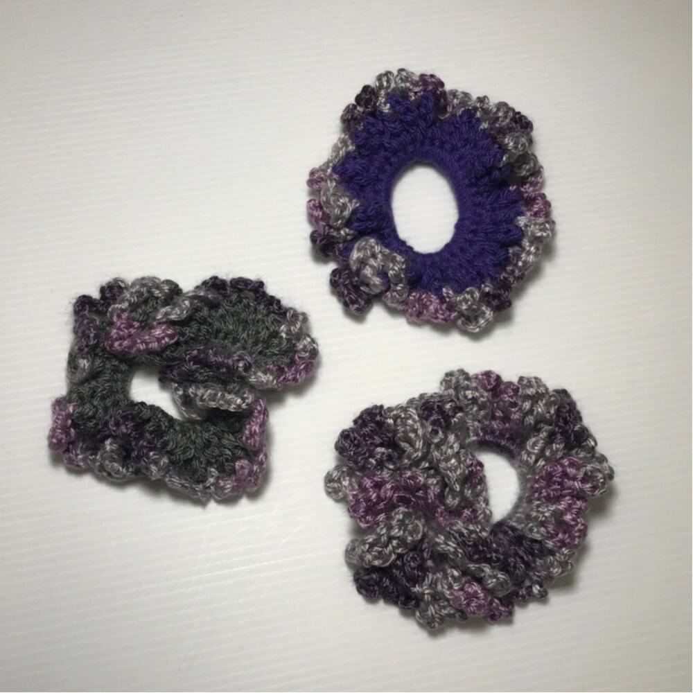 NWT Purple Gray Handmade Crocheted Hair Scrunchie Set of 3